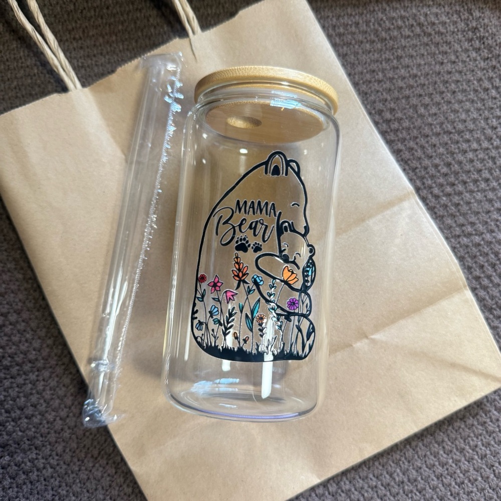 Mama Bear Floral 16oz Glass Tumbler with Straw & Lid